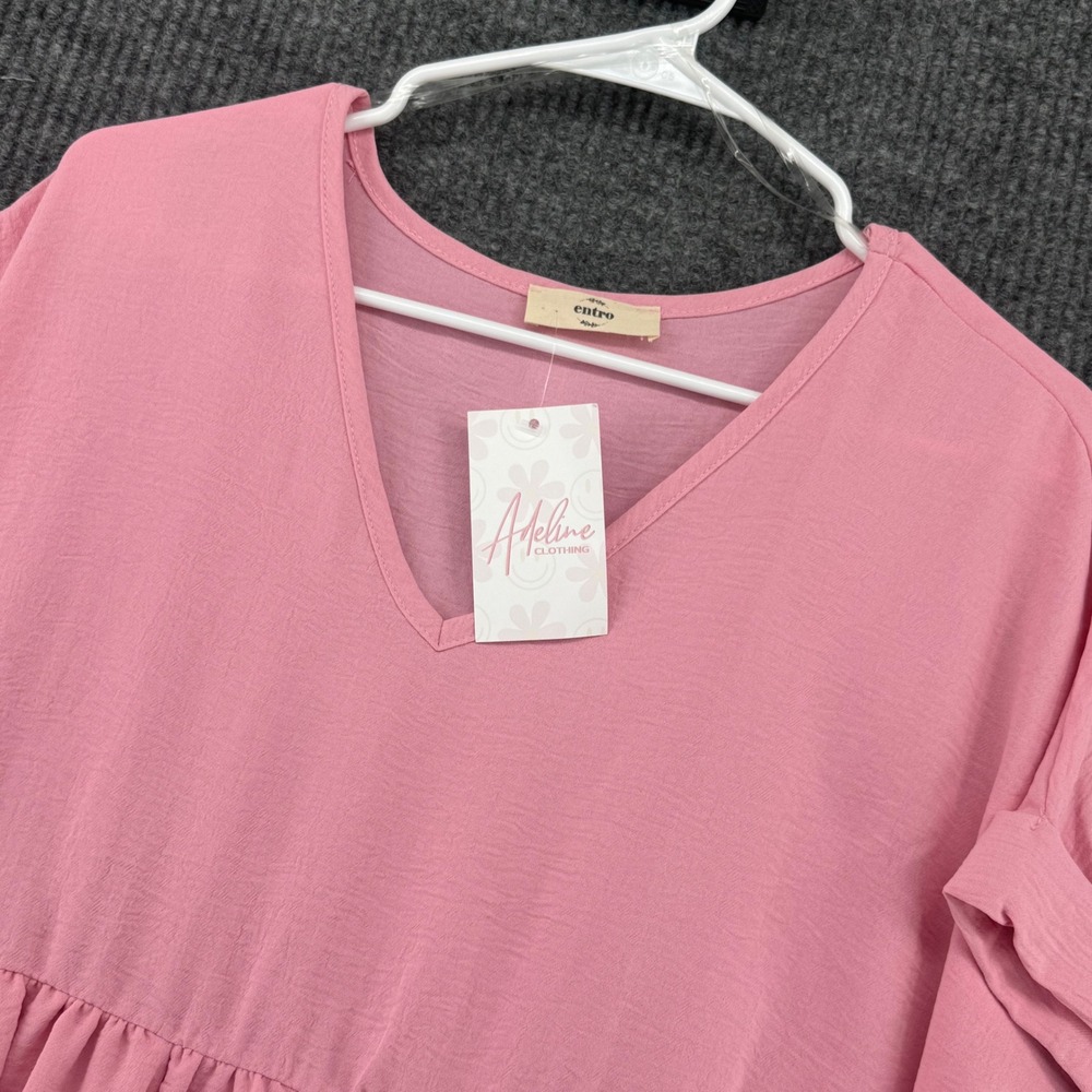 Entro Babydoll Dress Women Medium Pink New V-Neck Short Sleeve Crepe 6608